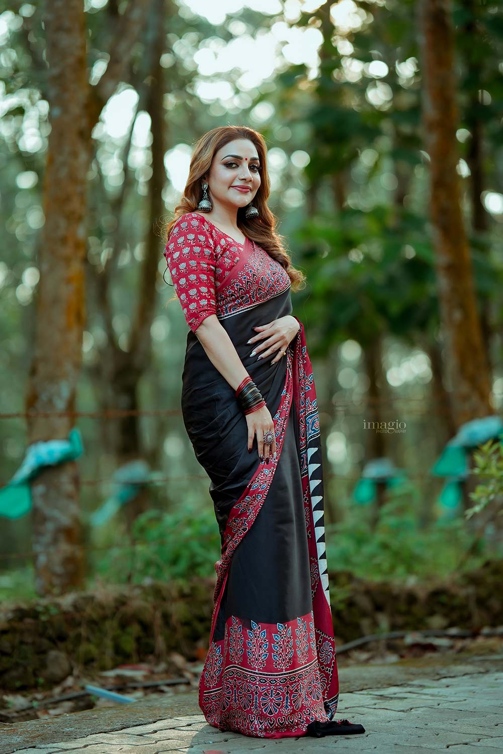 Modal silk Plain Black Body and Red Ajrkh Printed Saree