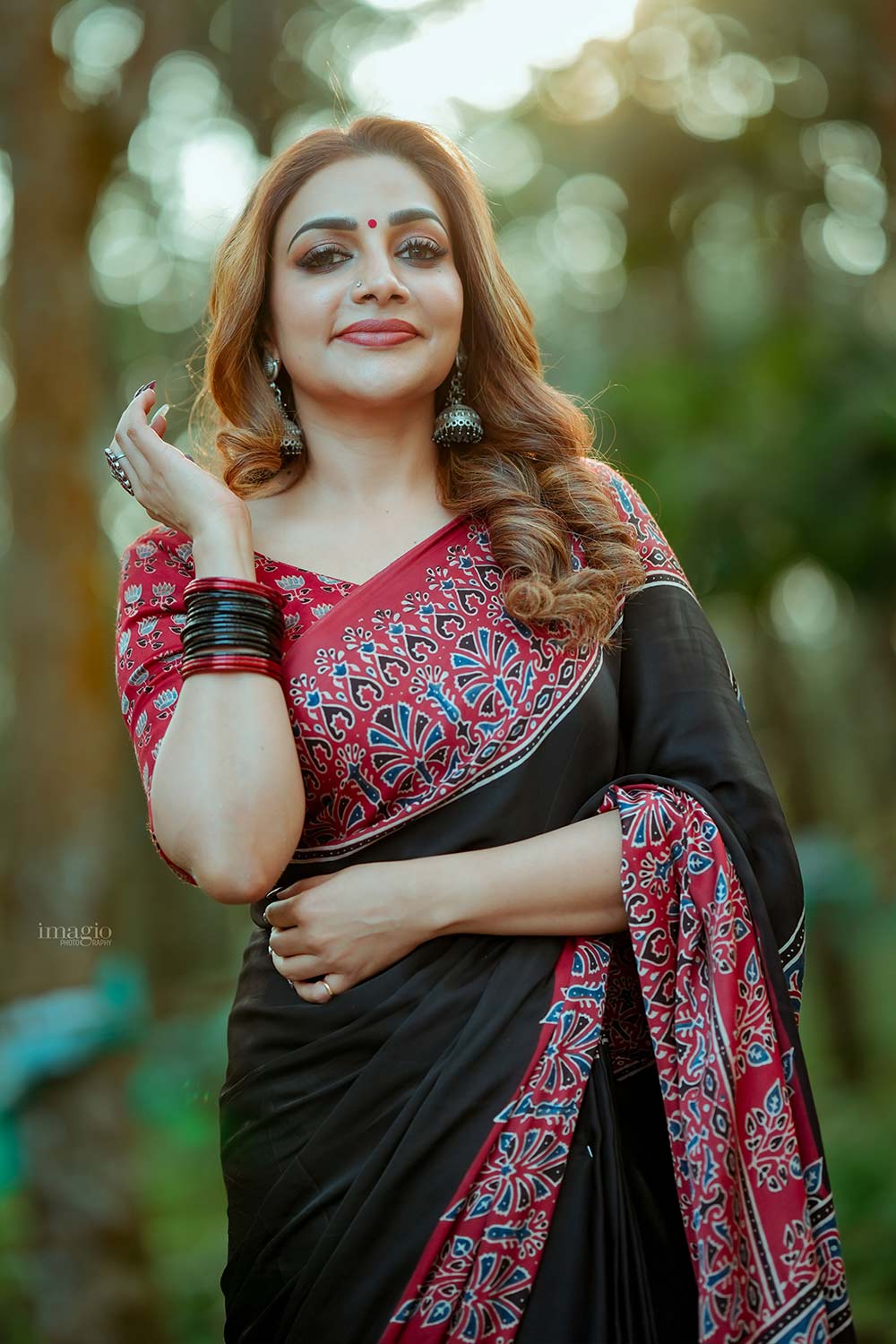 Modal silk Plain Black Body and Red Ajrkh Printed Saree