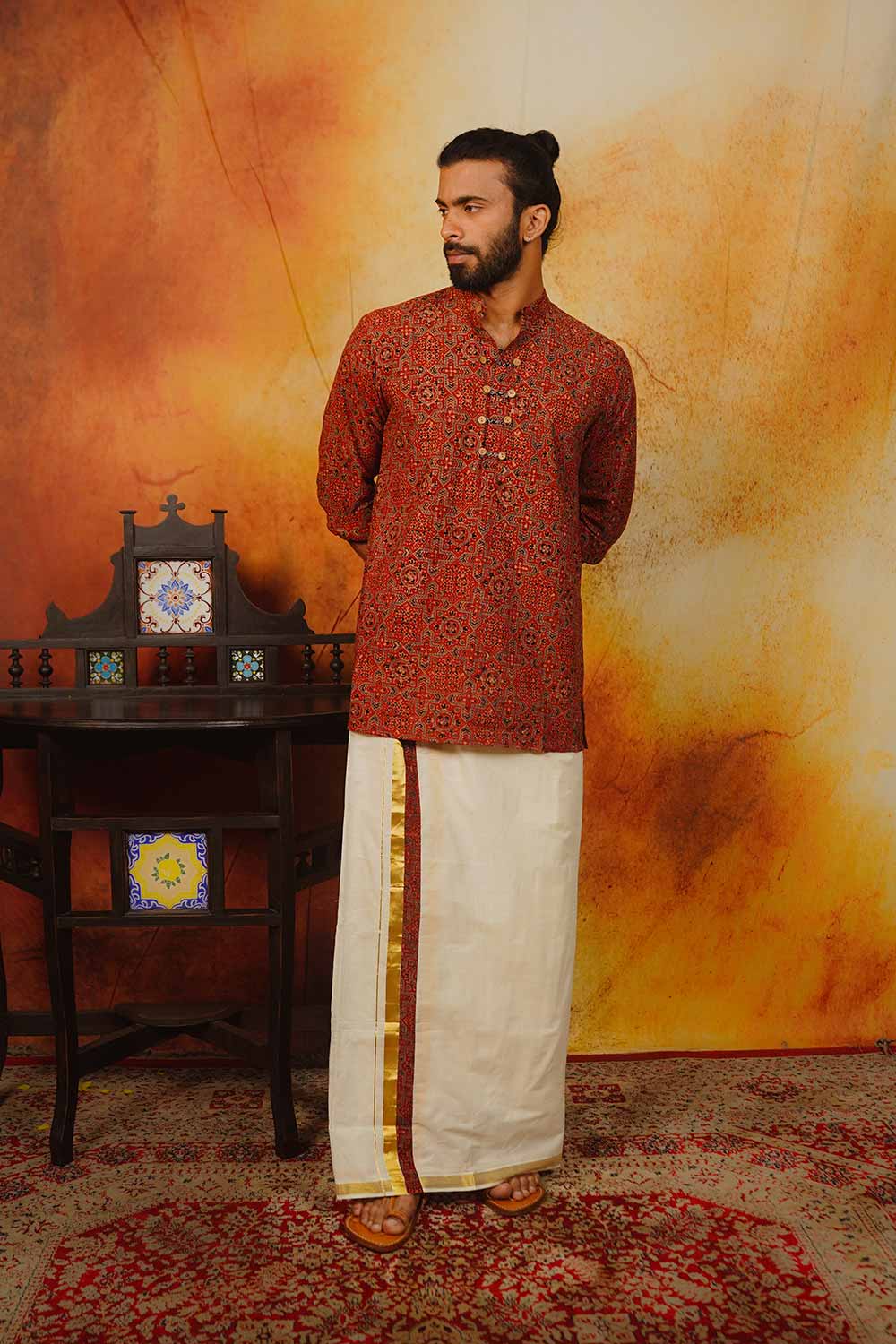 Red Ajrakh Geometric Print Short Kurta