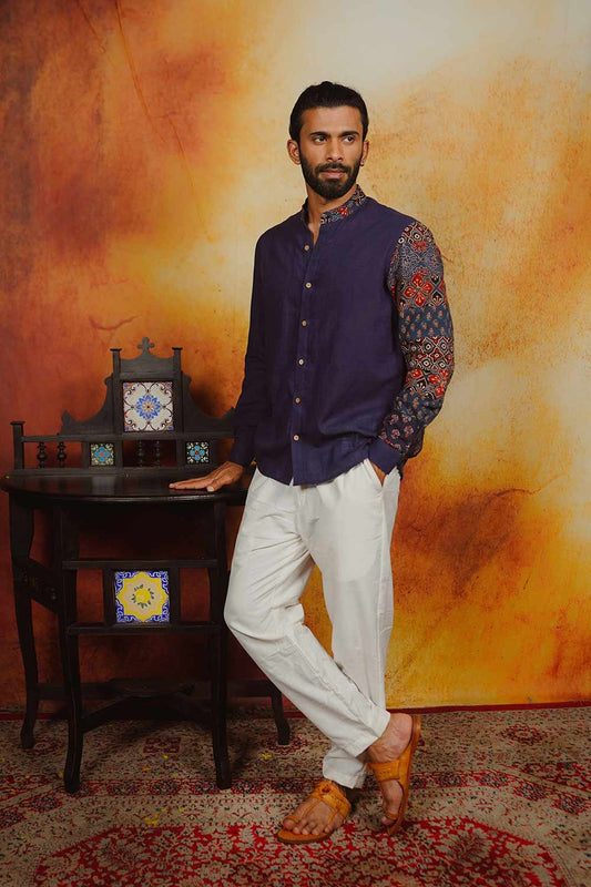 Navy Blue Shirt with Ajrakh Patch Sleeve