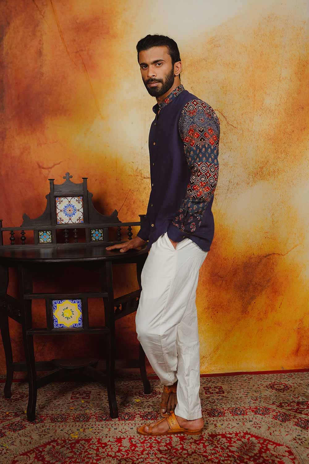 Navy Blue Shirt with Ajrakh Patch Sleeve