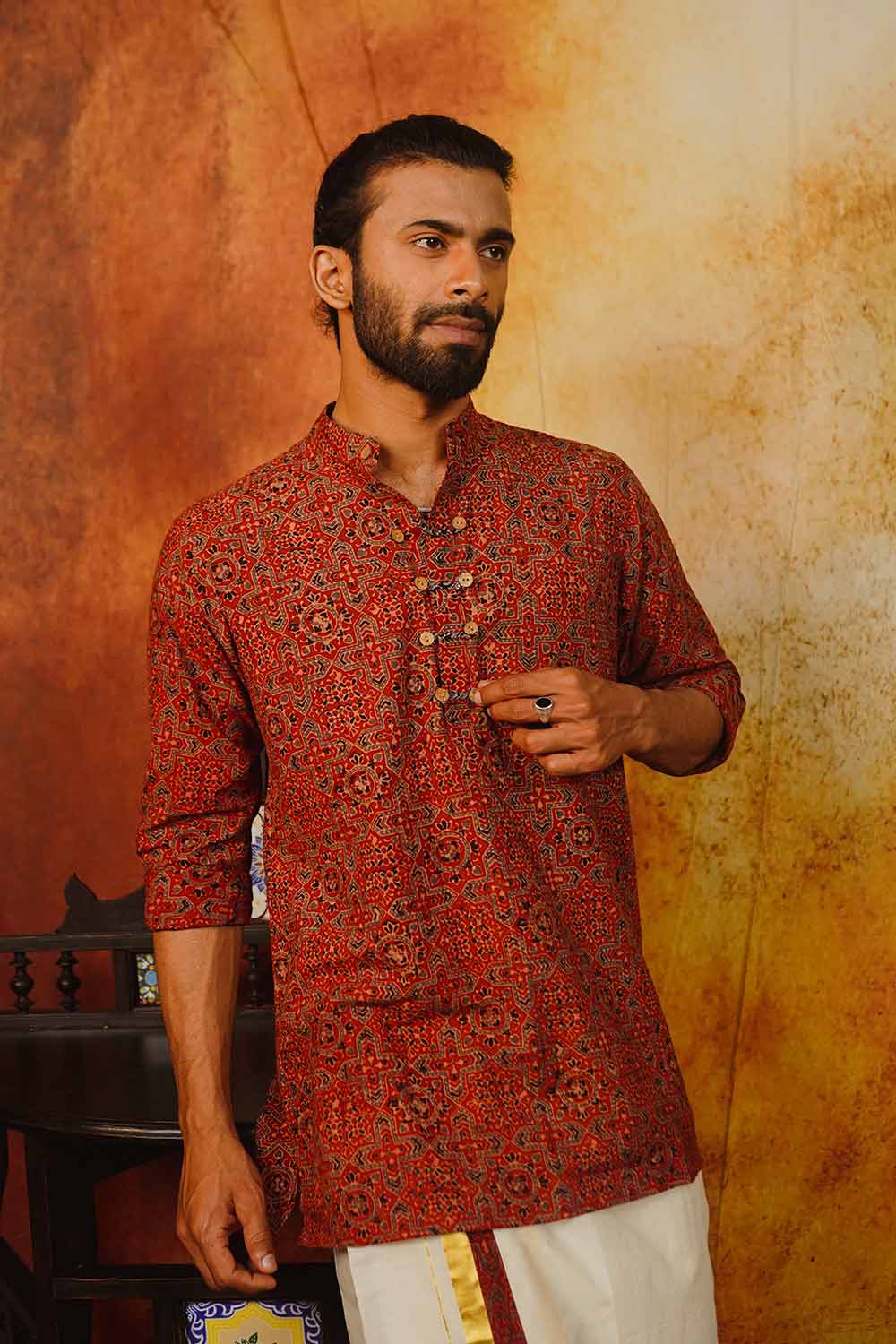 Red Ajrakh Geometric Print Short Kurta