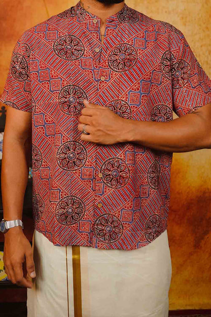 Red Ajrakh Geometric Print Shirt