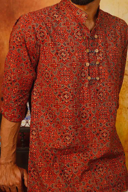 Red Ajrakh Geometric Print Short Kurta