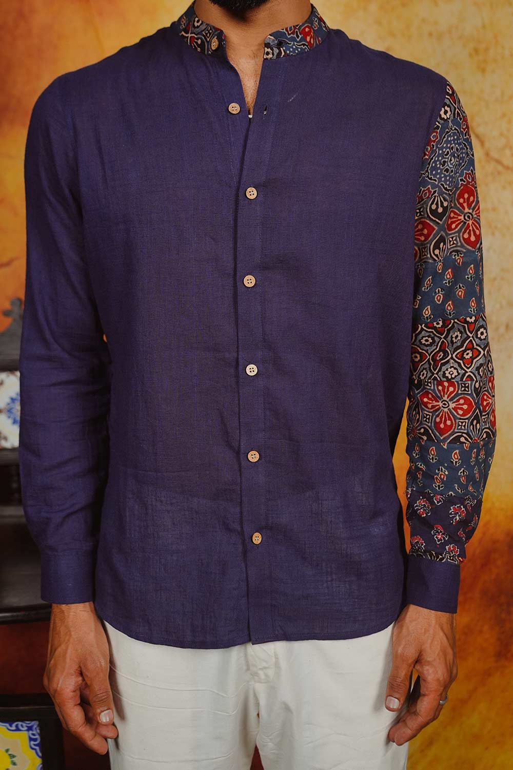 Navy Blue Shirt with Ajrakh Patch Sleeve