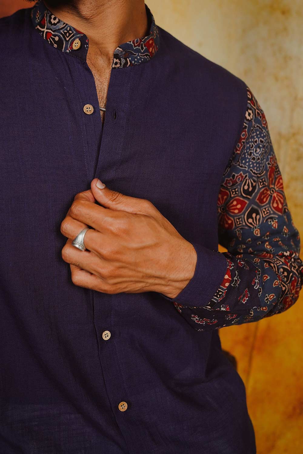 Navy Blue Shirt with Ajrakh Patch Sleeve