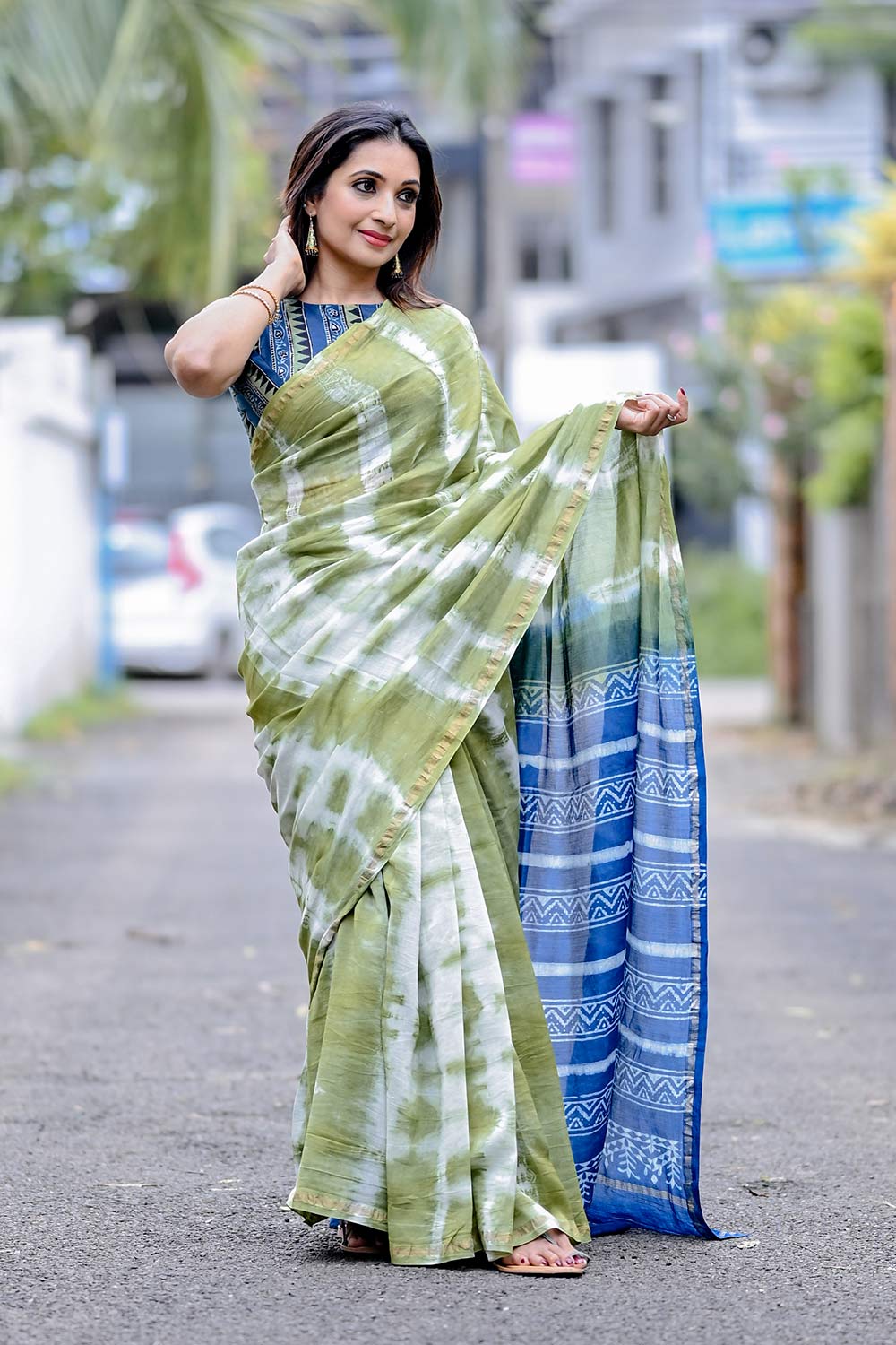 Indigo Blue and Pistha Green Shibori Chanderi Silk Saree