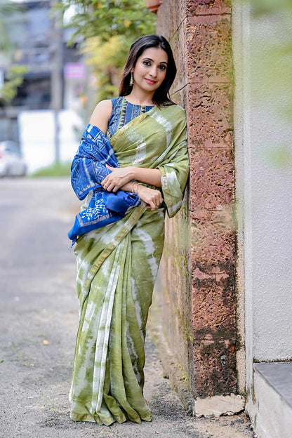 Indigo Blue and Pistha Green Shibori Chanderi Silk Saree