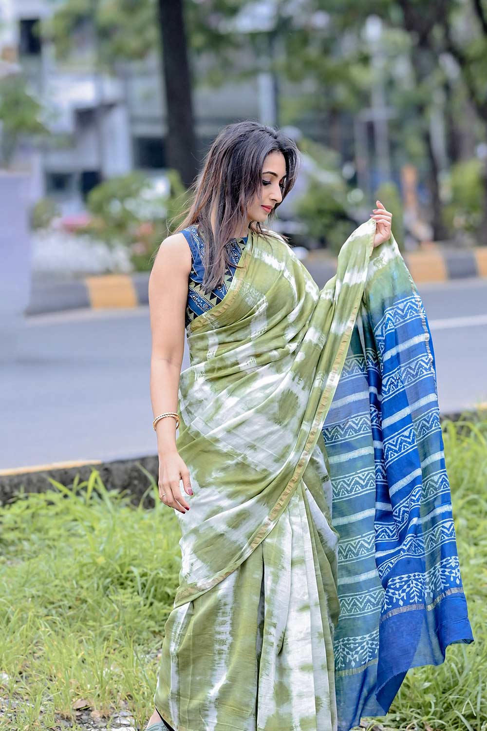 Indigo Blue and Pistha Green Shibori Chanderi Silk Saree