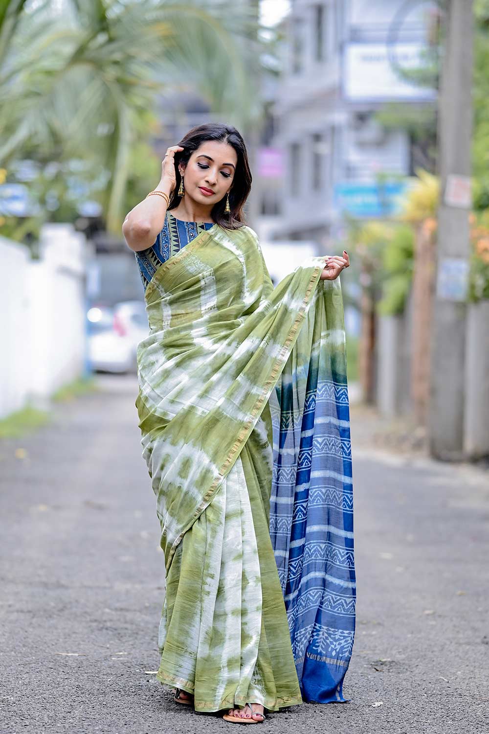 Indigo Blue and Pistha Green Shibori Chanderi Silk Saree