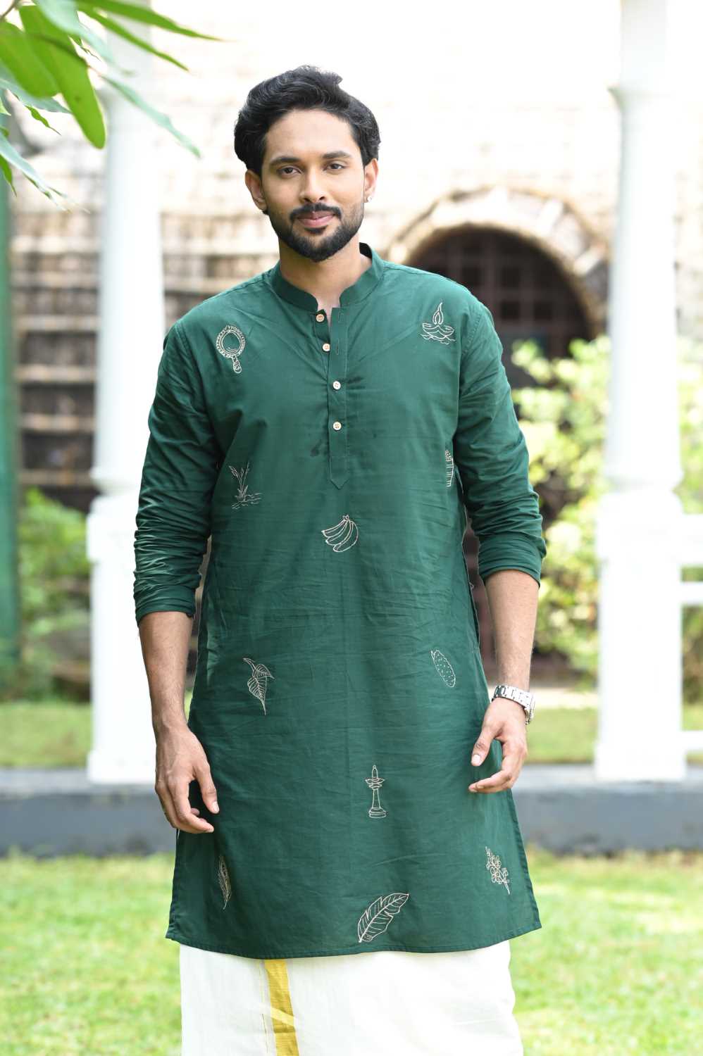 Green Full Sleeve Kurta with Golden Kani Embroidery
