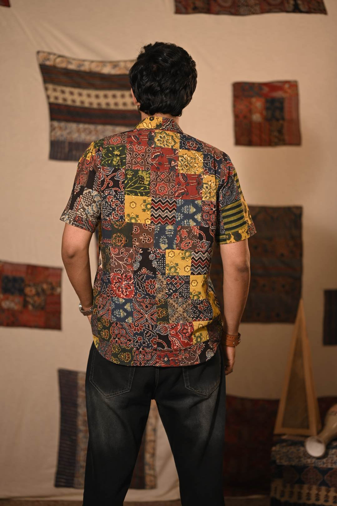 Ajrakh Multi Square Patch Half Sleeve Shirt