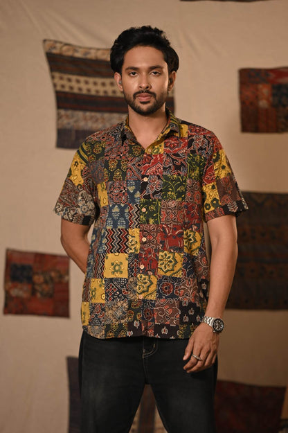 Ajrakh Multi Square Patch Half Sleeve Shirt