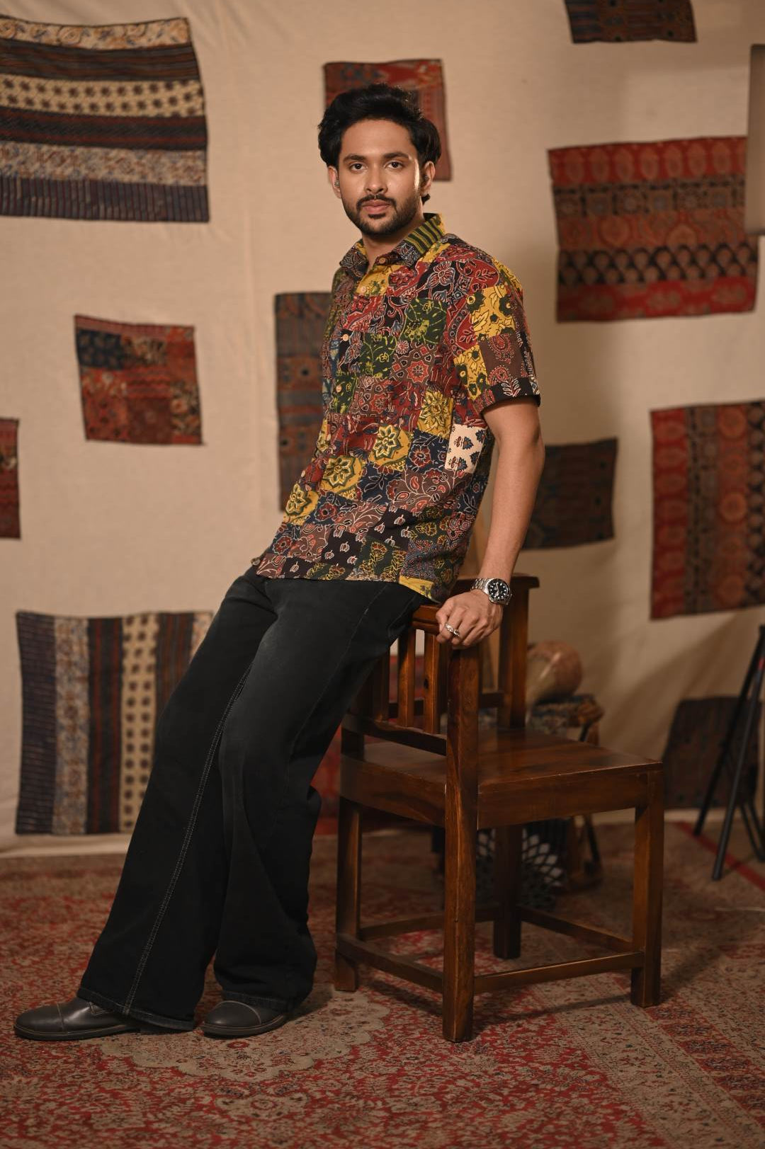 Ajrakh Multi Square Patch Half Sleeve Shirt