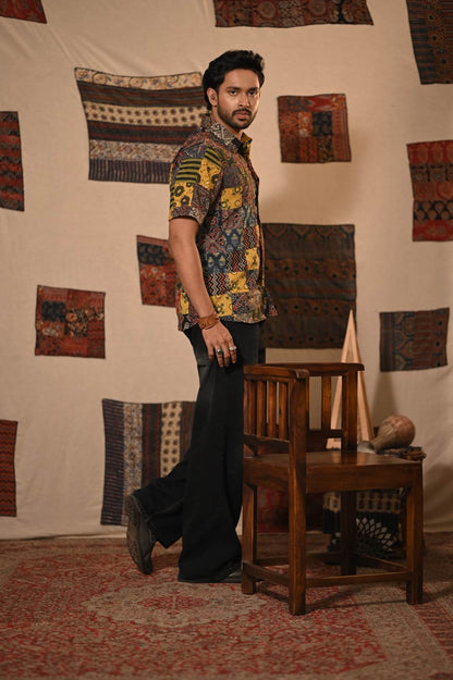 Ajrakh Multi Square Patch Half Sleeve Shirt