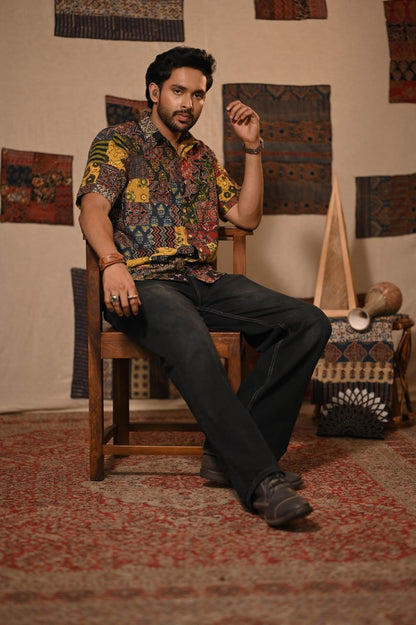 Ajrakh Multi Square Patch Half Sleeve Shirt