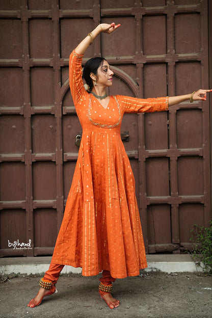 Red & Orange Base Anarkali With Dots&Strips