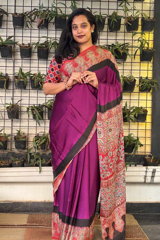 Modal silk Plain purple Body and Red Ajrkh Printed Boarder and Pallu Saree