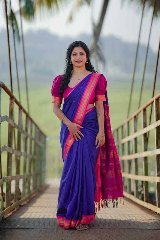 Royal Blue And Rani Pink Gadwal Cotton Saree