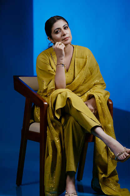 Olive Green Suit Set With Embroidered Yoke