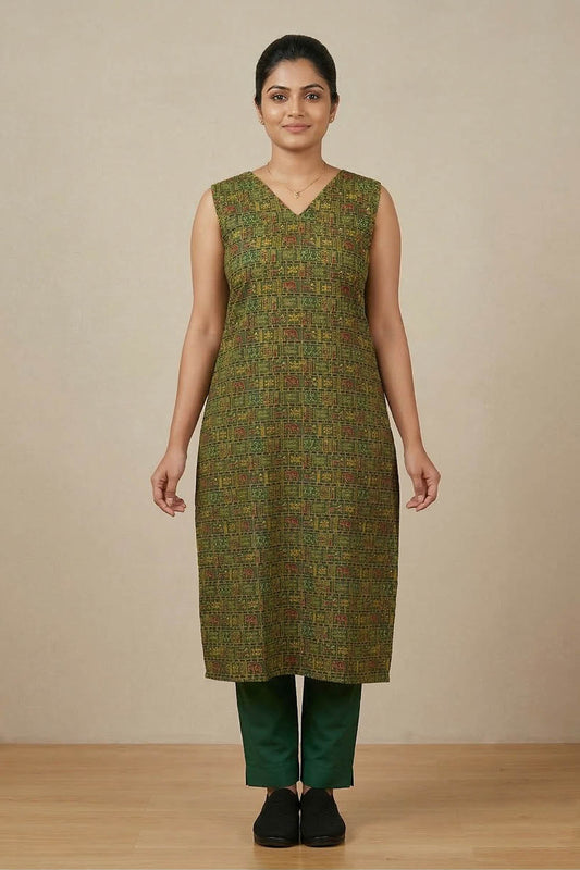 Green Sleeveless Slitted Goat & Elephant Print Kurti