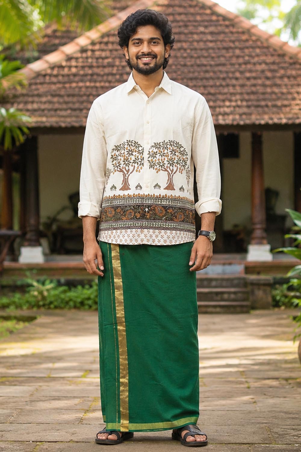 Bottle Green Dhothi with Golden Kara