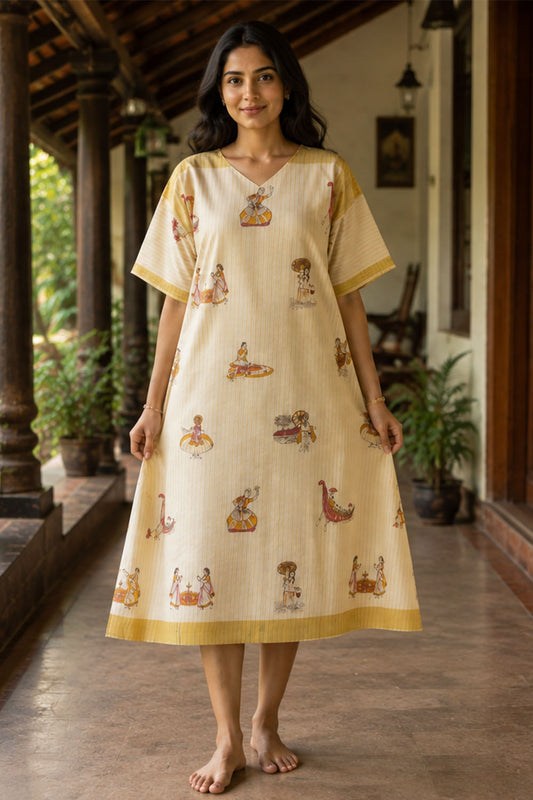 Offwhite Tissue with Golden Stripes & Onam Motifs Dress