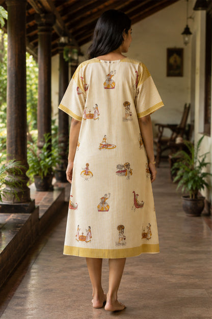 Offwhite Tissue with Golden Stripes & Onam Motifs Dress
