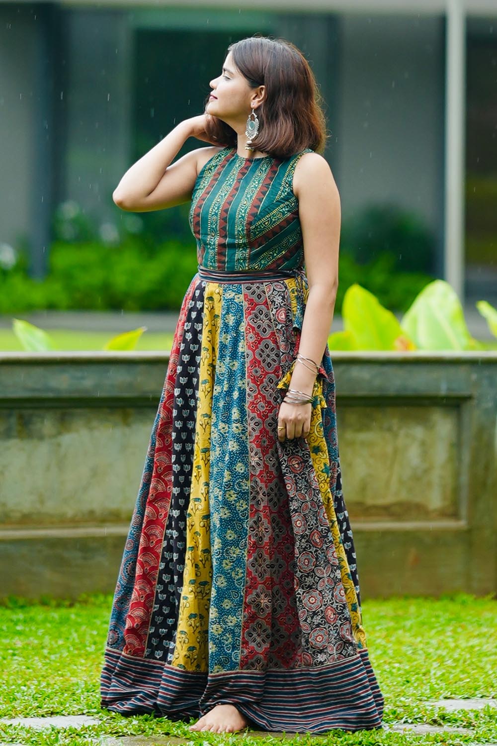 Ajrakh Green Blouse & Multi Print Patch Skirt