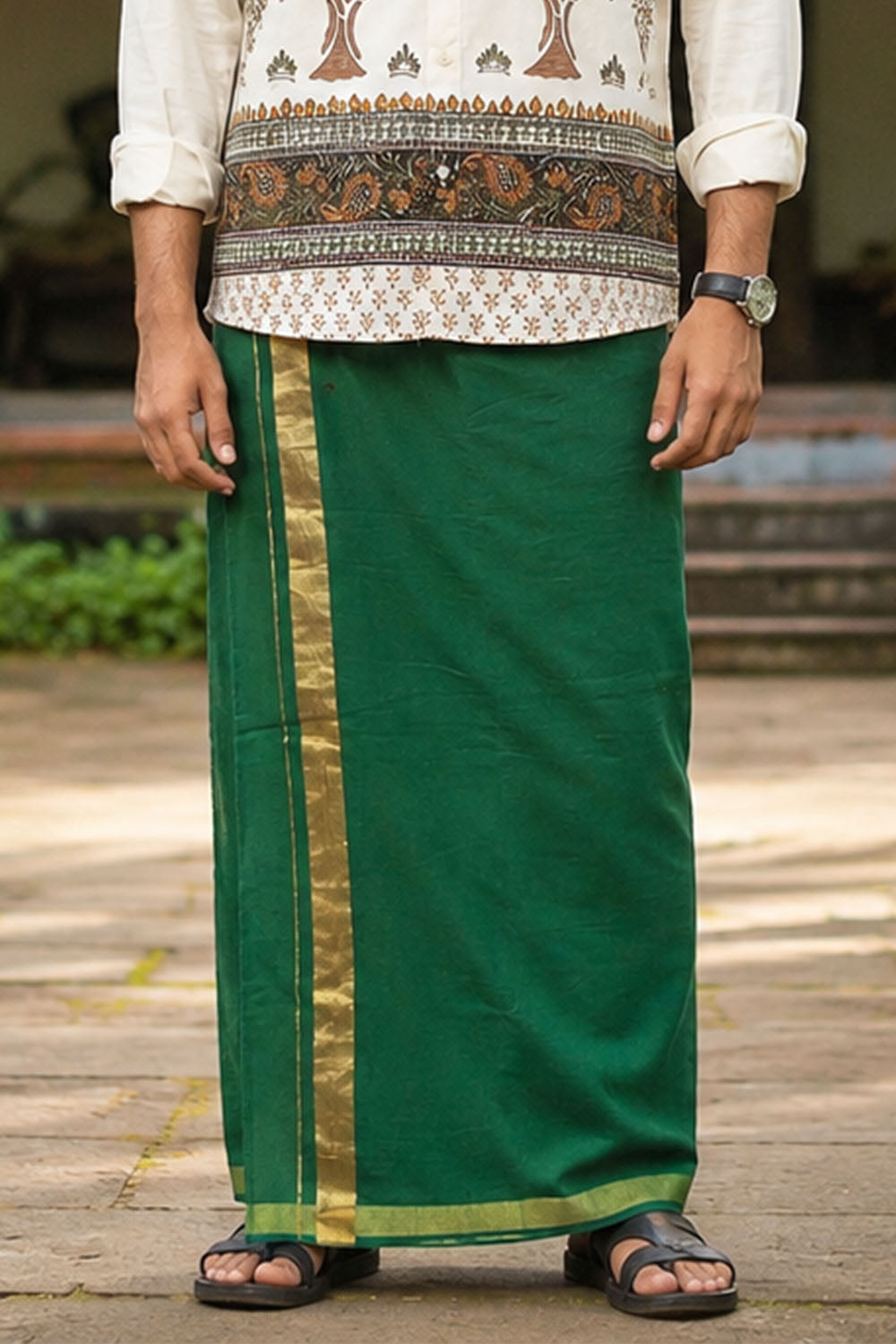 Bottle Green Dhothi with Golden Kara