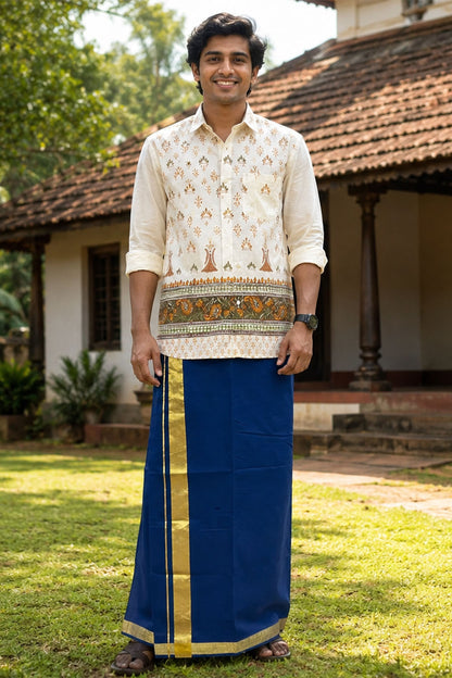 Navy Blue Dhothi with Golden Kara
