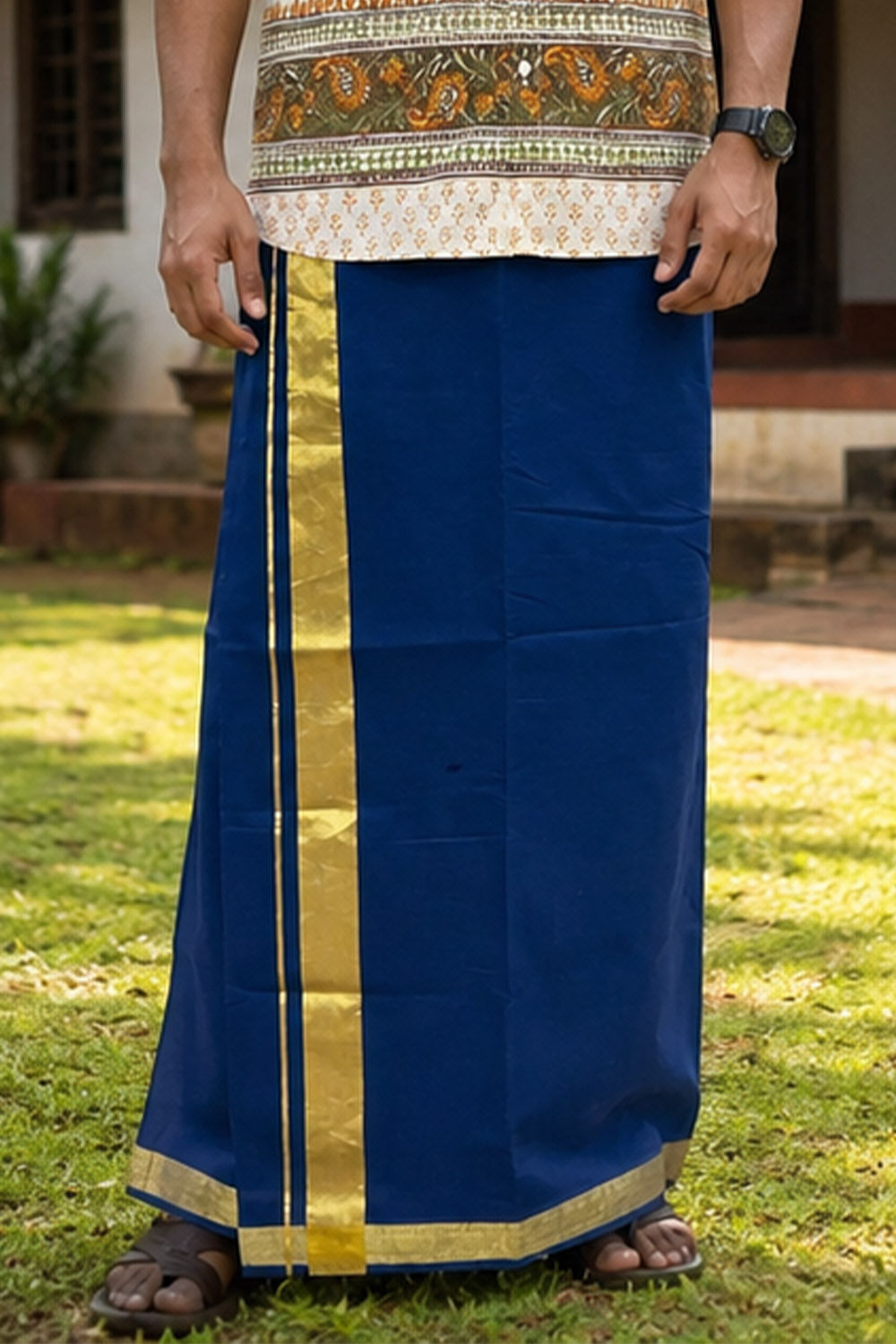 Navy Blue Dhothi with Golden Kara