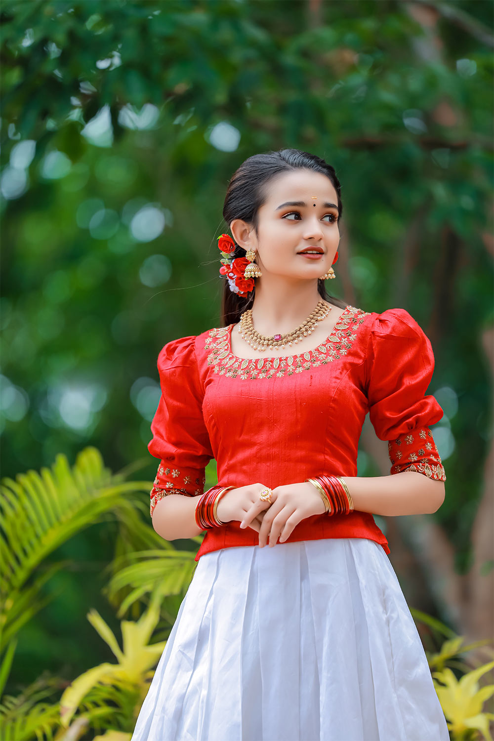 Red Raw Silk Top with Peasant Sleeve