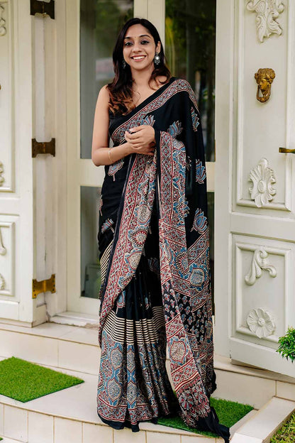 Black Base Big Lotus Print Modal Silk Saree