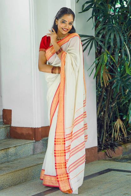 Off-white Plain Narayan Pett Saree
