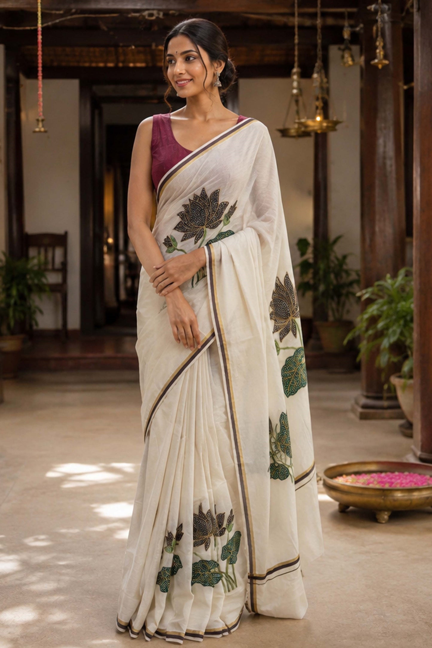 Brown & Golden Kara Saree with Lotus Embroidery