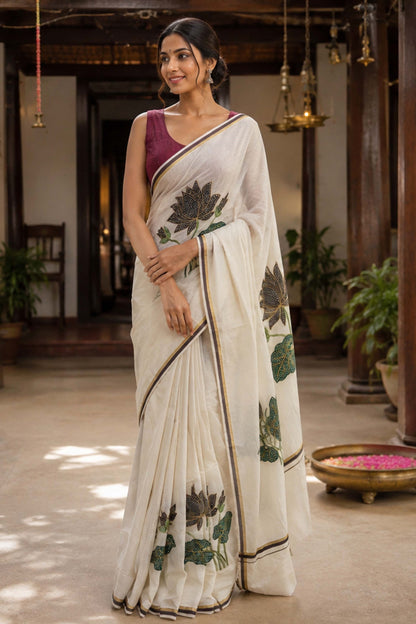 Brown & Golden Kara Saree with Lotus Embroidery