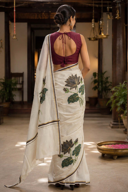Brown & Golden Kara Saree with Lotus Embroidery