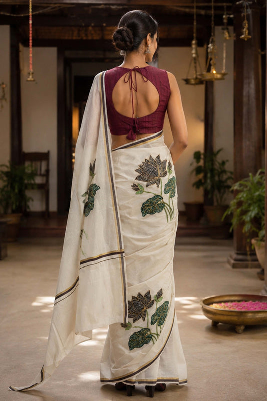 Brown & Golden Kara Saree with Lotus Embroidery