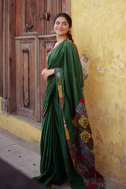 Green Saree with Multi Ajrakh Patch