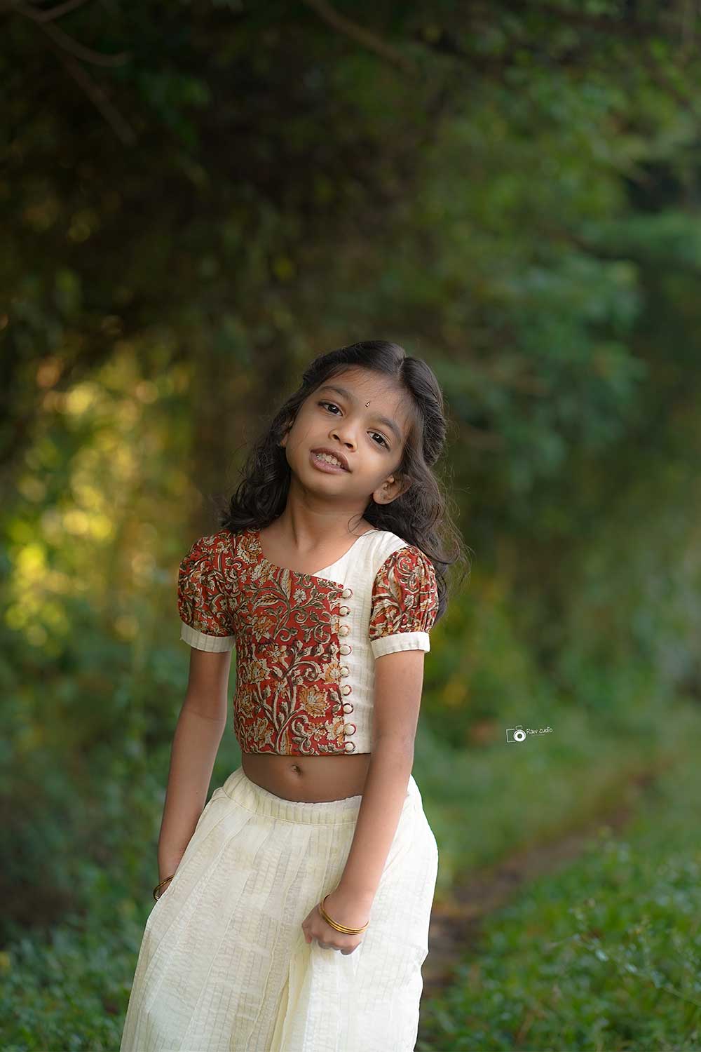 Red Kalamkari Crop Top with Silver Zari Stripped Skirt