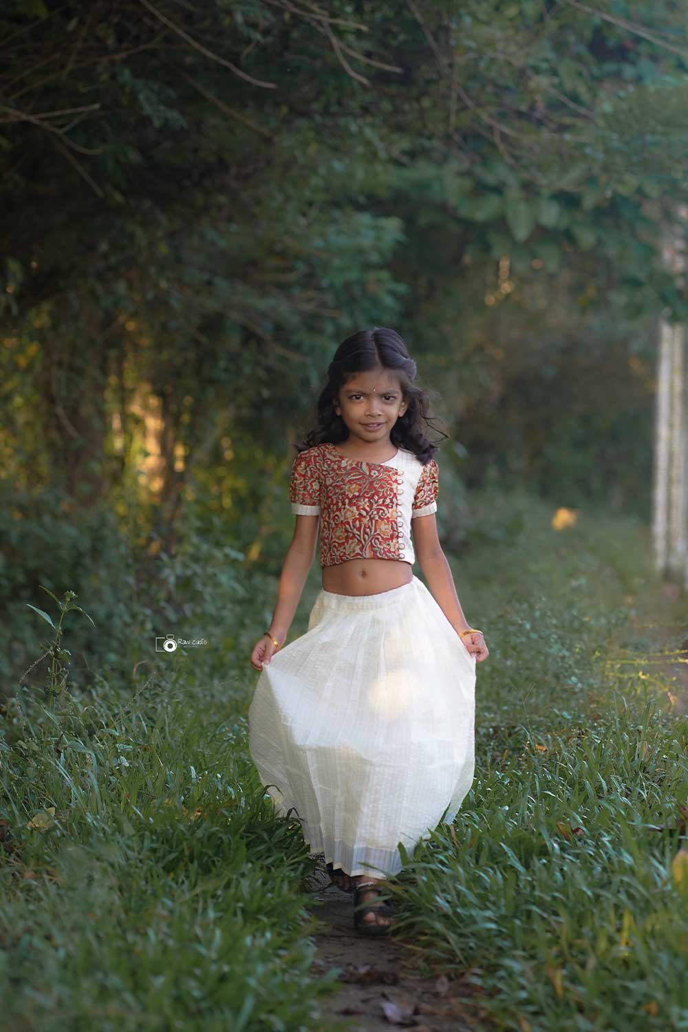 Red Kalamkari Crop Top with Silver Zari Stripped Skirt