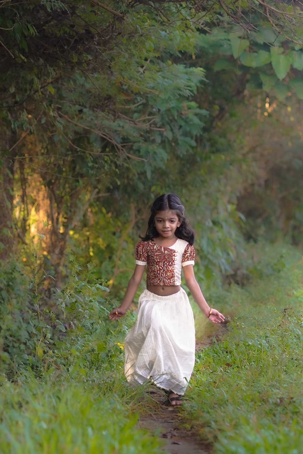 Red Kalamkari Crop Top with Silver Zari Stripped Skirt