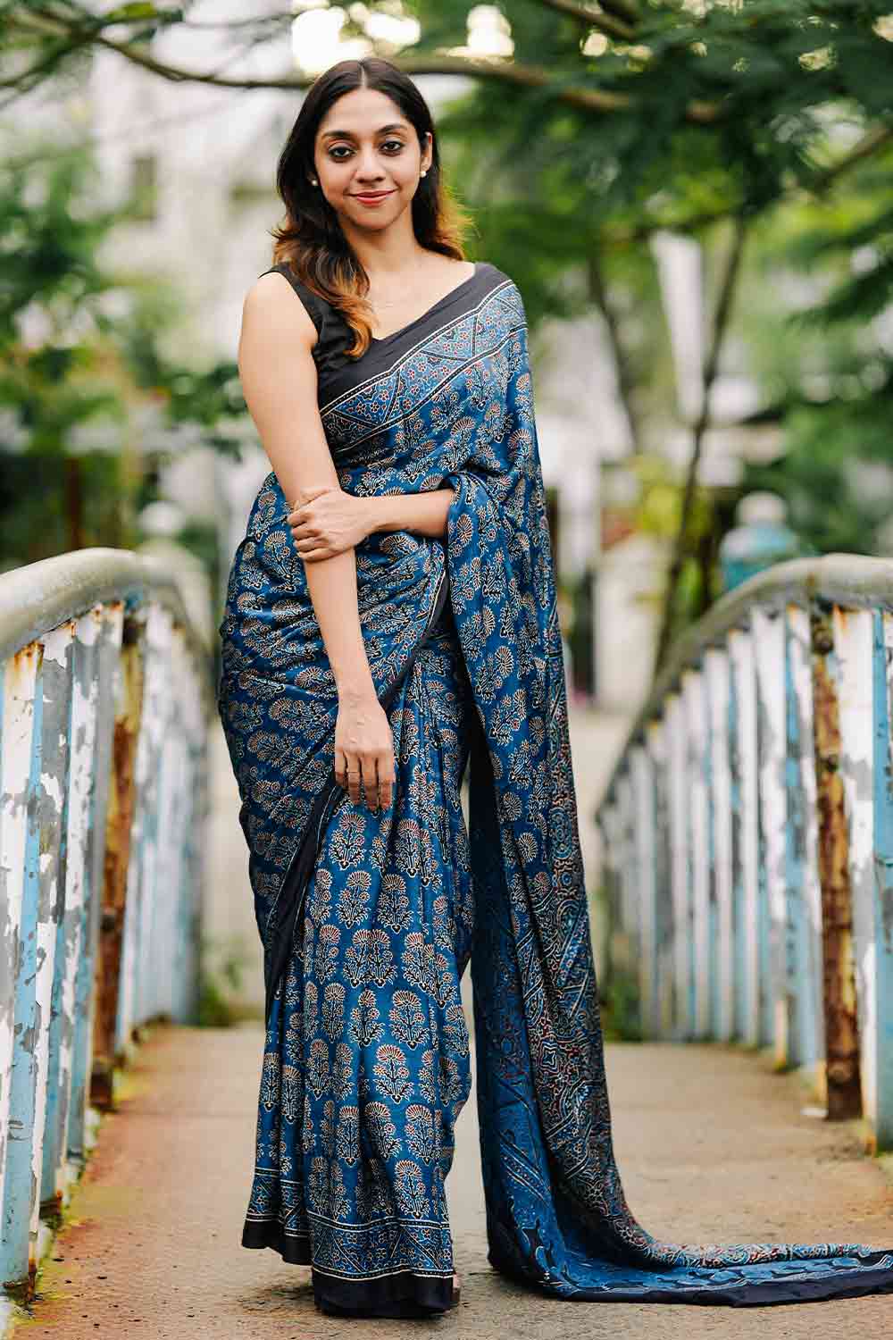 Blue Base Single Floral Print Modal Silk Saree