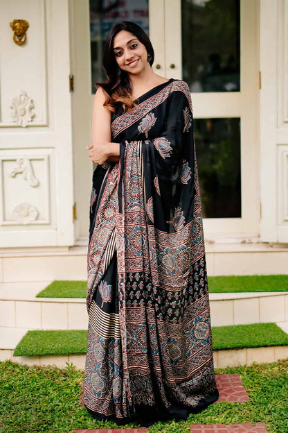 Black Base Big Lotus Print Modal Silk Saree