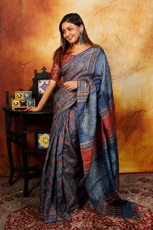 Ajrakh Printed Tussar Silk Saree