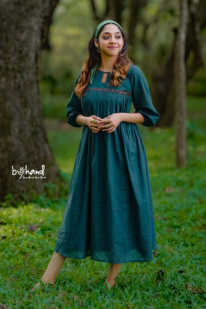 Green Gown Yoke Gather With Floral Embroidery