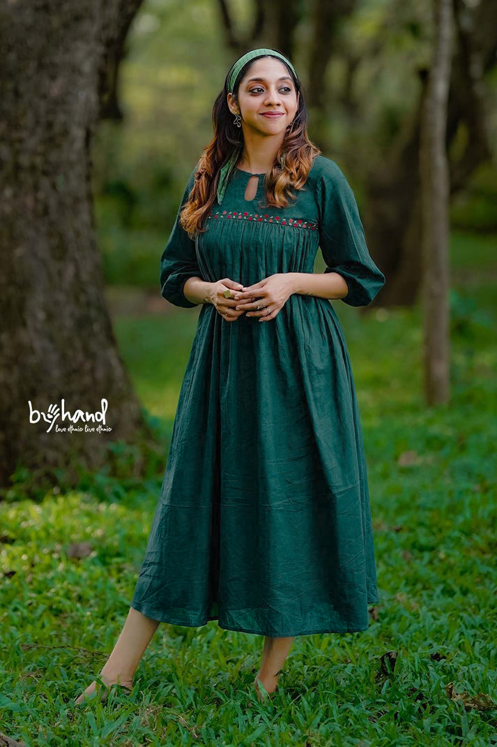 Green Gown Yoke Gather With Floral Embroidery