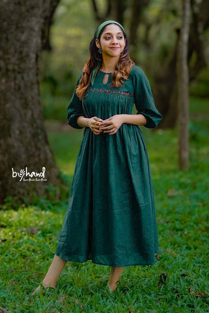 Green Gown Yoke Gather With Floral Embroidery