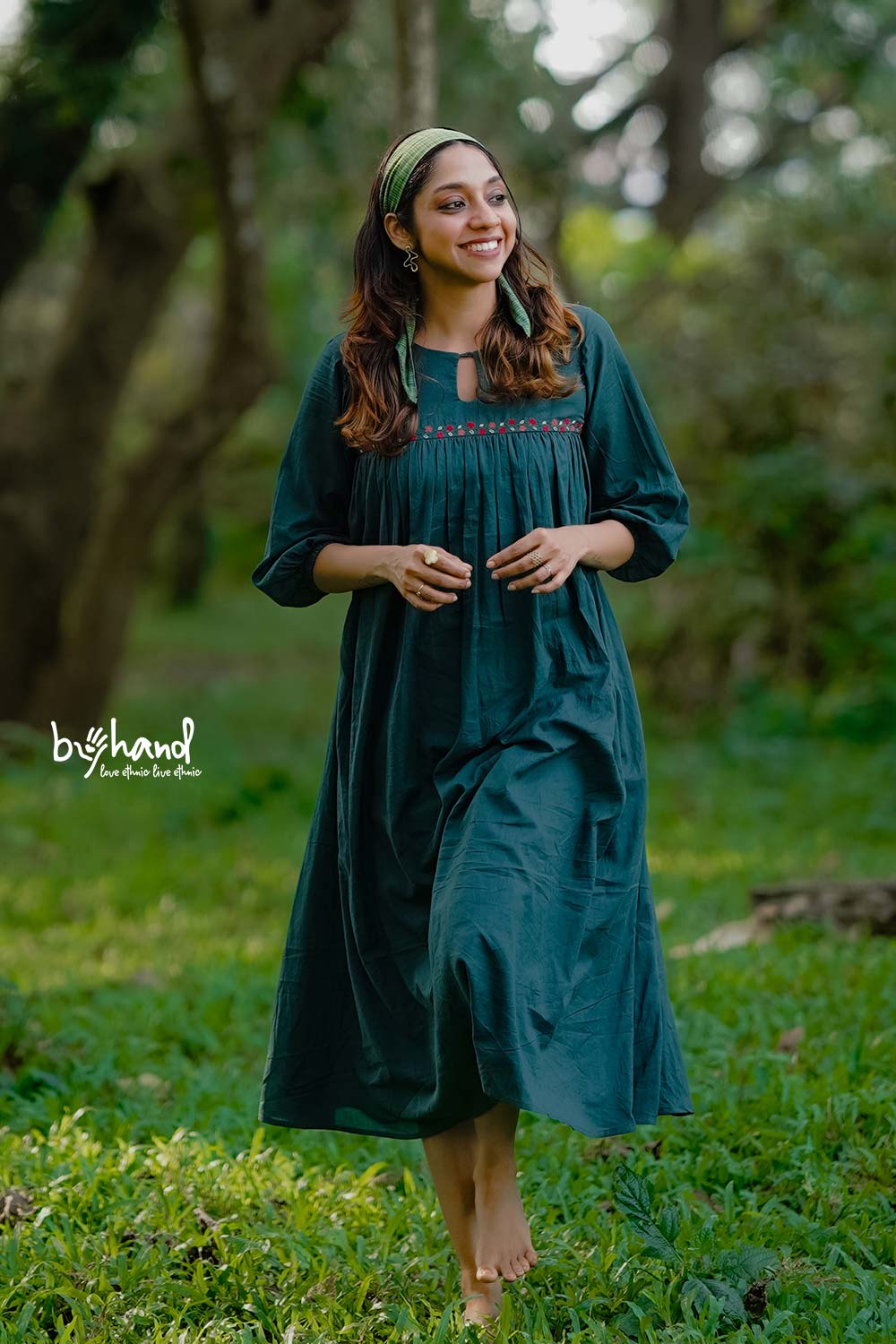 Green Gown Yoke Gather With Floral Embroidery